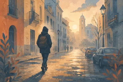 Walking Through Fog Toward Morning Light
