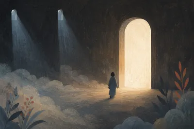 Silhouette Walking Toward Glowing Doorway