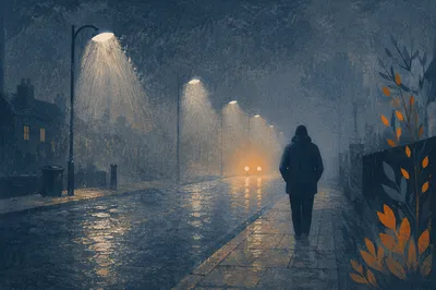 Silhouette Walking Through Fog Toward Light