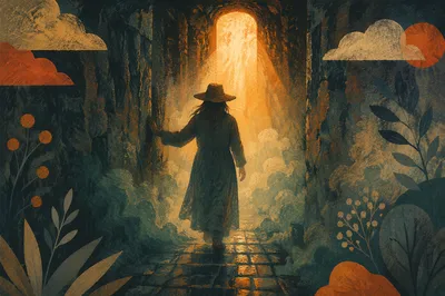 Solitary Walker Toward Golden Foggy Light