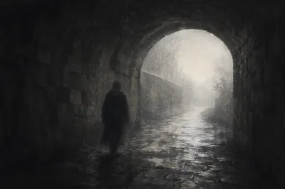 Solitary Walk Through Fog Toward Light