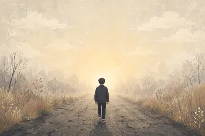 Solitary Walk Through Fog Toward Light
