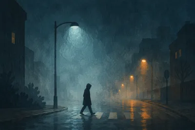Lone Figure Walking Through Foggy Light