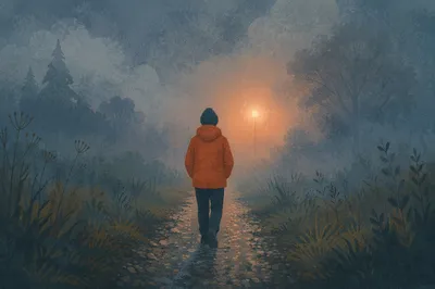 Person Walking Through Fog Toward Light