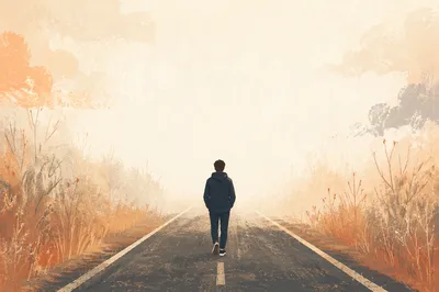 Lone Walker Entering Glowing Morning Fog