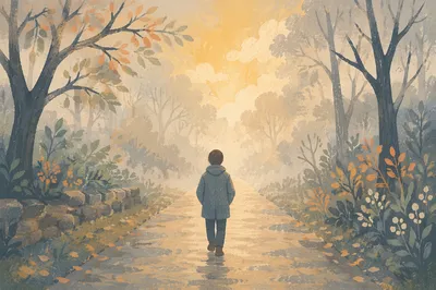 Solitary Walk Through Fog Toward Light
