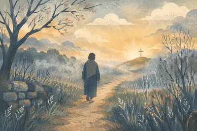 Silhouetted Pilgrim Walking Through Morning Fog