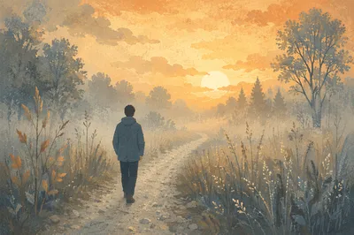 Solitary Walk Through Fog Toward Dawn