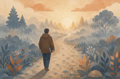 Walking Through Fog Toward Golden Dawn