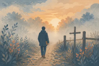Walking Through Fog Toward Morning Light