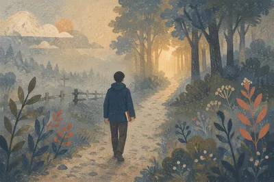 Lone Pilgrim Walking Toward Dawn Light