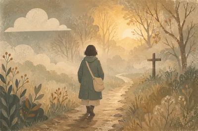 Solitary Walk Through Fog Toward Light