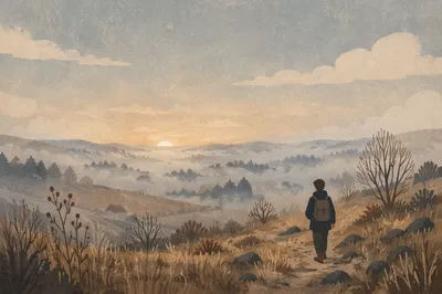 Lone Walker Moving Toward Morning Light