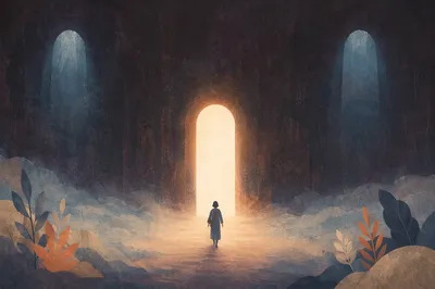 Silhouette Walking Through Fog Toward Light