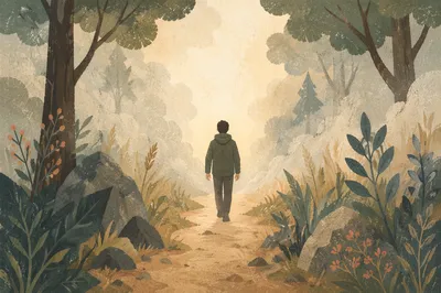 Person Walking Through Fog Toward Light