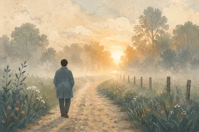 Solitary Walk Through Fog Toward Light