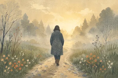 Solitary Walk Toward Golden Morning Light