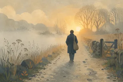 Solitary Walk Through Fog Toward Light