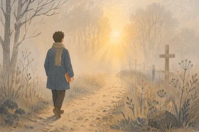 Solitary Walk Through Fog Toward Sunrise