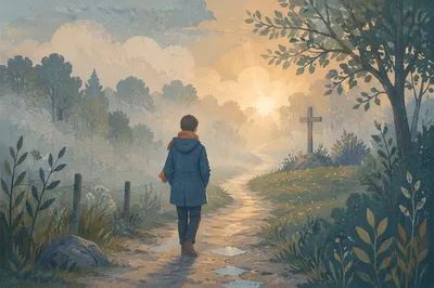 Walking Through Fog Toward Golden Light
