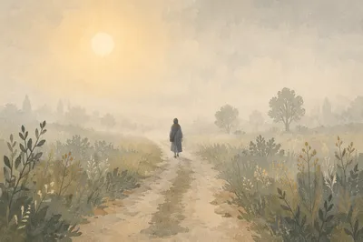 Solitary Pilgrim Walking Toward Morning Light