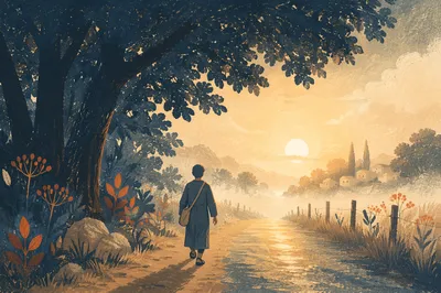 Solitary Walk Toward Morning Light