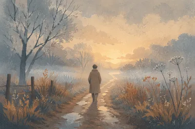 Walking Through Morning Fog Toward Light