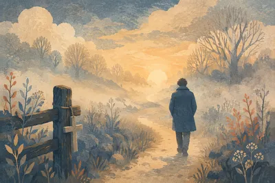 Walking Through Dawn Fog Toward Light
