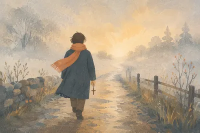 Solitary Walk Through Fog Toward Light