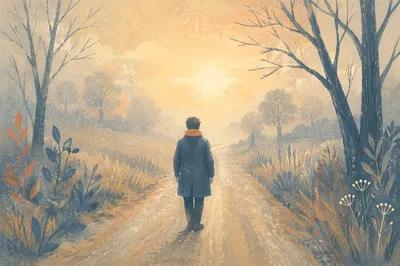 Solitary Walk Toward Hopeful Morning Light