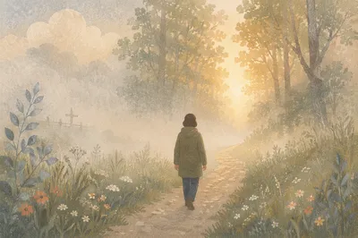 Solitary Walk Through Fog Toward Dawn Light