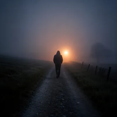 Lone Traveler Walking Through Fog Toward Light