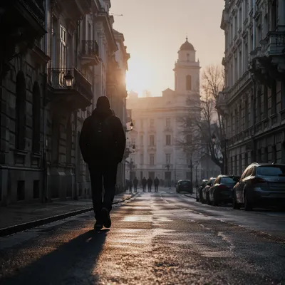 Lone Traveler Walking Toward Morning Light
