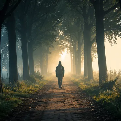 Person Walking Through Fog Toward Sunrise Light