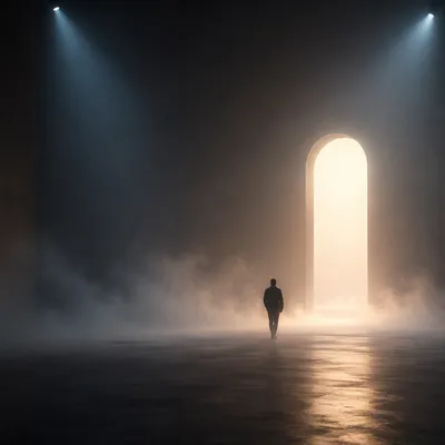 Silhouette Walking Through Fog Toward Light
