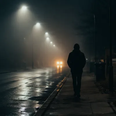 Lone Walker Through Fog Toward Light