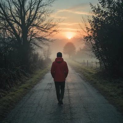 Solitary Walk Through Morning Fog
