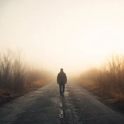Solitary Walk Through Fog Toward Light