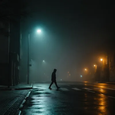 Silhouetted Walker in Foggy Streetlight