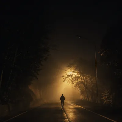 Lone Walk Toward Light Through Fog