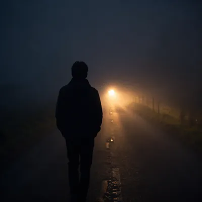 Lone Walker in Fog Toward Light