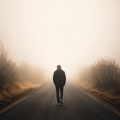 Lone Walker Entering Hopeful Morning Fog