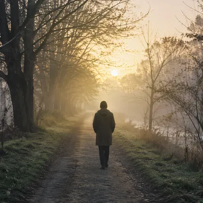 Solitary Walk Through Fog Toward Light
