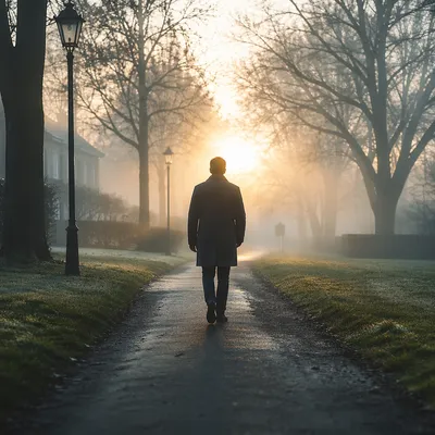 Solitary Walk Through Fog Toward Light