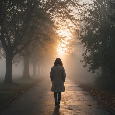 Person Walking Through Fog Toward Light