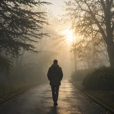 Walking Through Fog Toward Golden Light