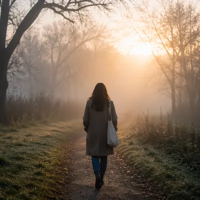 Person Walking Through Fog Toward Light