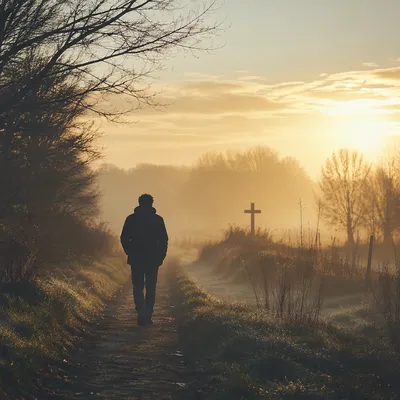 Silhouette Walking Through Fog Toward Light