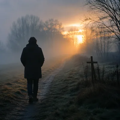 Walking Through Fog Toward Golden Light