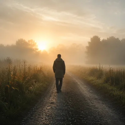 Solitary Walker Through Fog Toward Golden Light